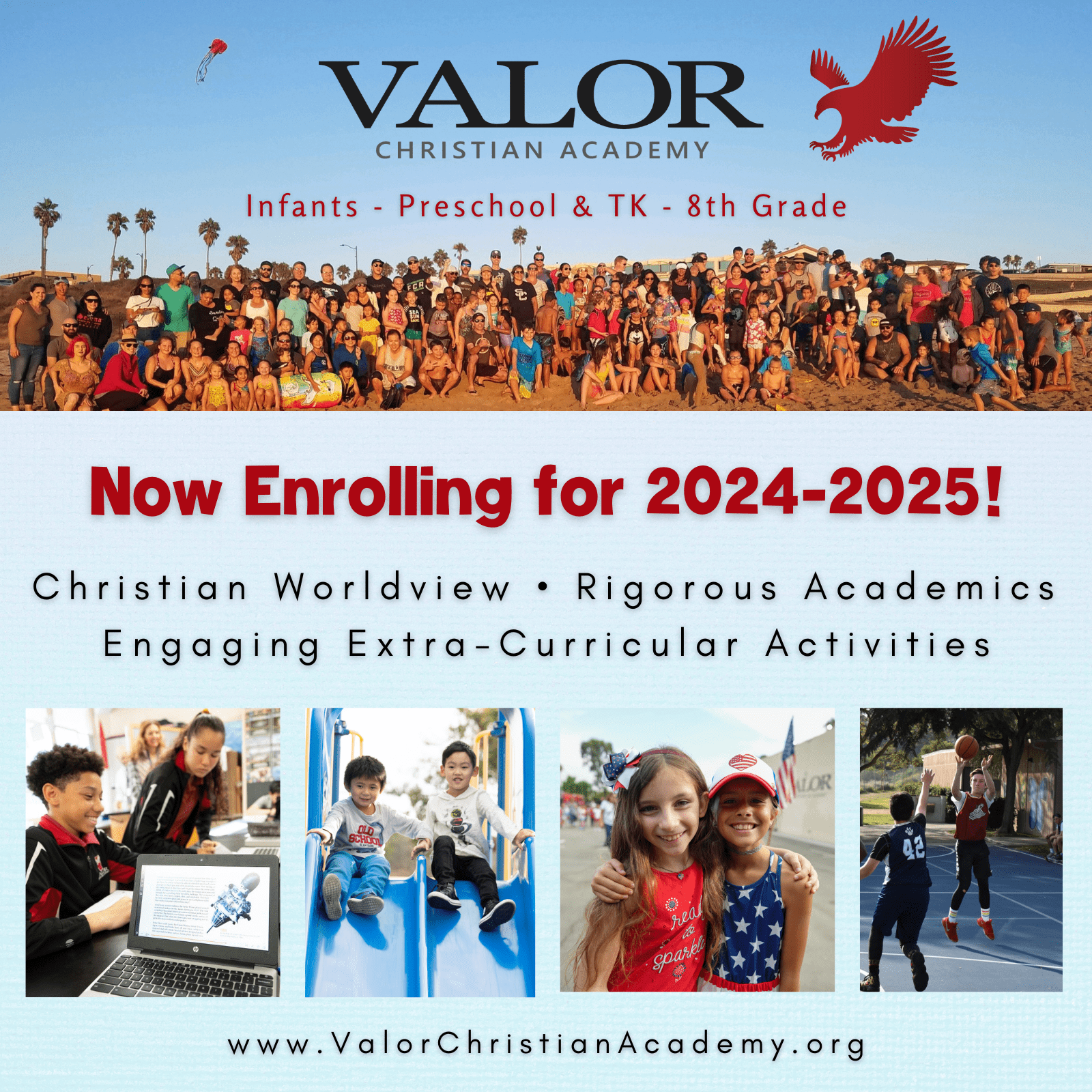 We are now enrolling at Valor Christian Academy for the 2024-2025 school year. Click banner to visit our Admissions webpage.
