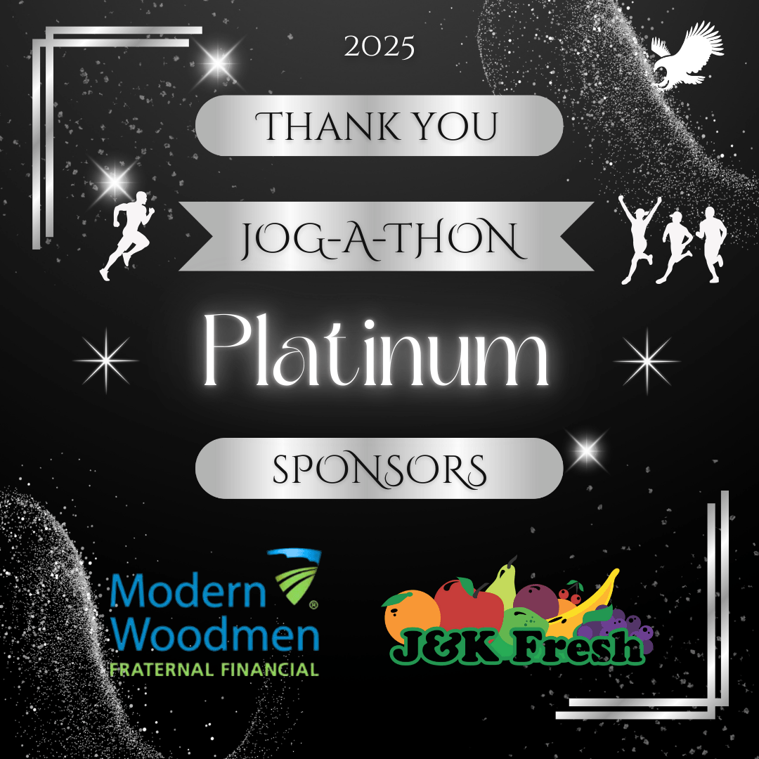 Star like designs with text: 2025, Thank you Jog-A-Thon Platinum Sponsors. Logos of Valor Modern Woodmen Fraternal Financial, and J&K Fresh